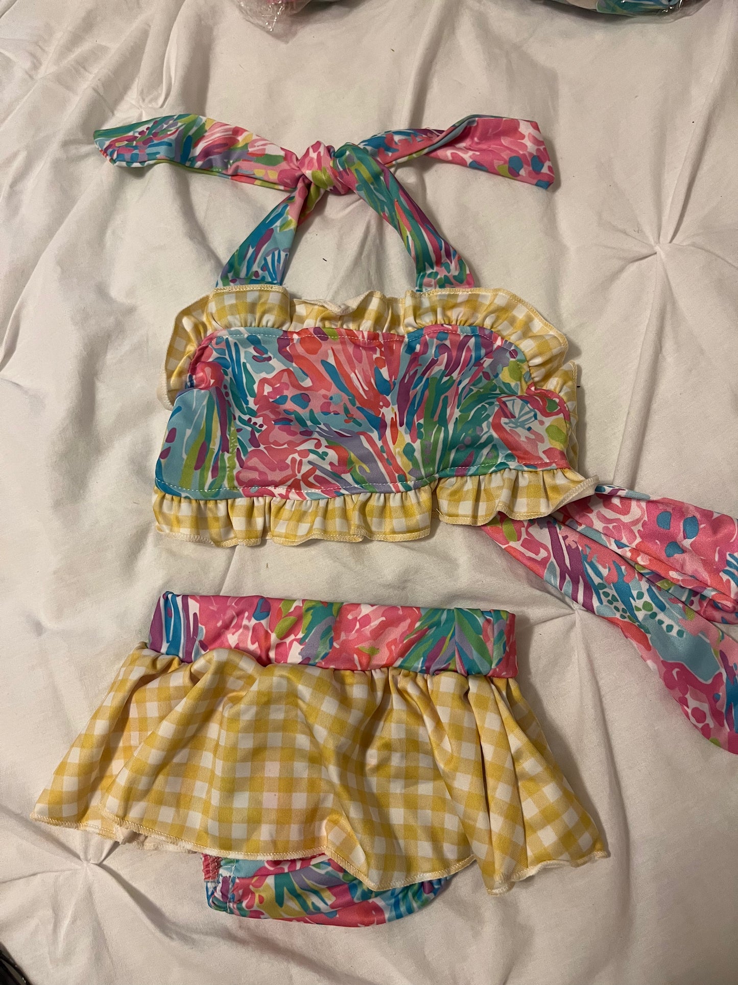 Yellow gingham and watercolor swim suit